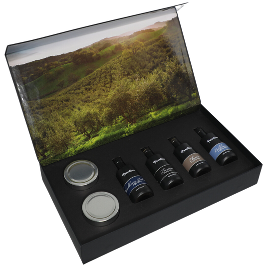 Premium Pasolivo products packaged in beautiful black box with green olive orchard imagery.