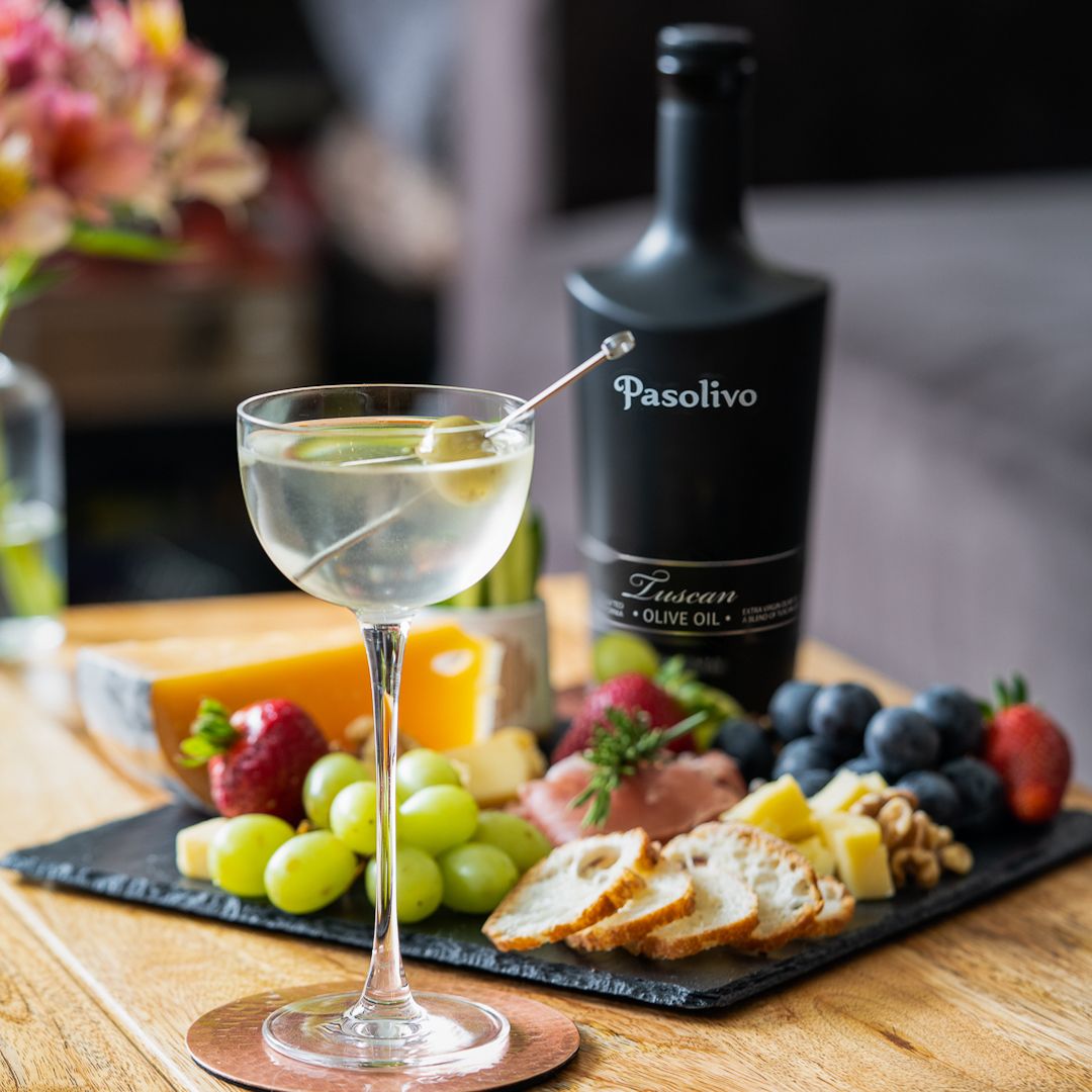 Olive oil washed martini made with Pasolivo's award-winning Tuscan Extra Virgin Olive Oil, with olive garnish