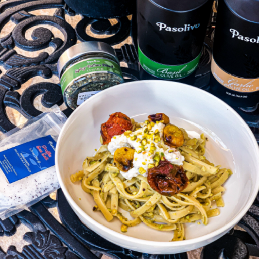 Pistachio Pasta with Roasted Tomatoes and Truffle Ricotta