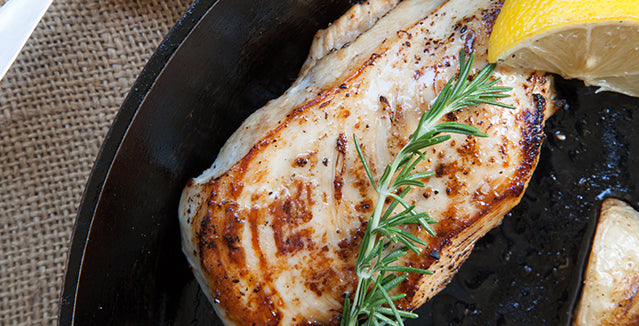 Pasolivo Yogurt & Citrus Olive Oil Chicken Recipe garnished with rosemary and a lemon wedge 