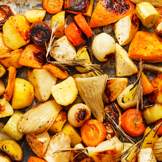 Roasted Vegetables with Maple, Fig, & Caper Vinaigrette Recipe