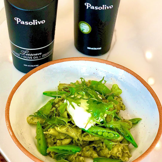 Pasolivo Etto Trombe Pasta with Kale Pesto Recipe next to Pasolivo Tuscan Olive Oil