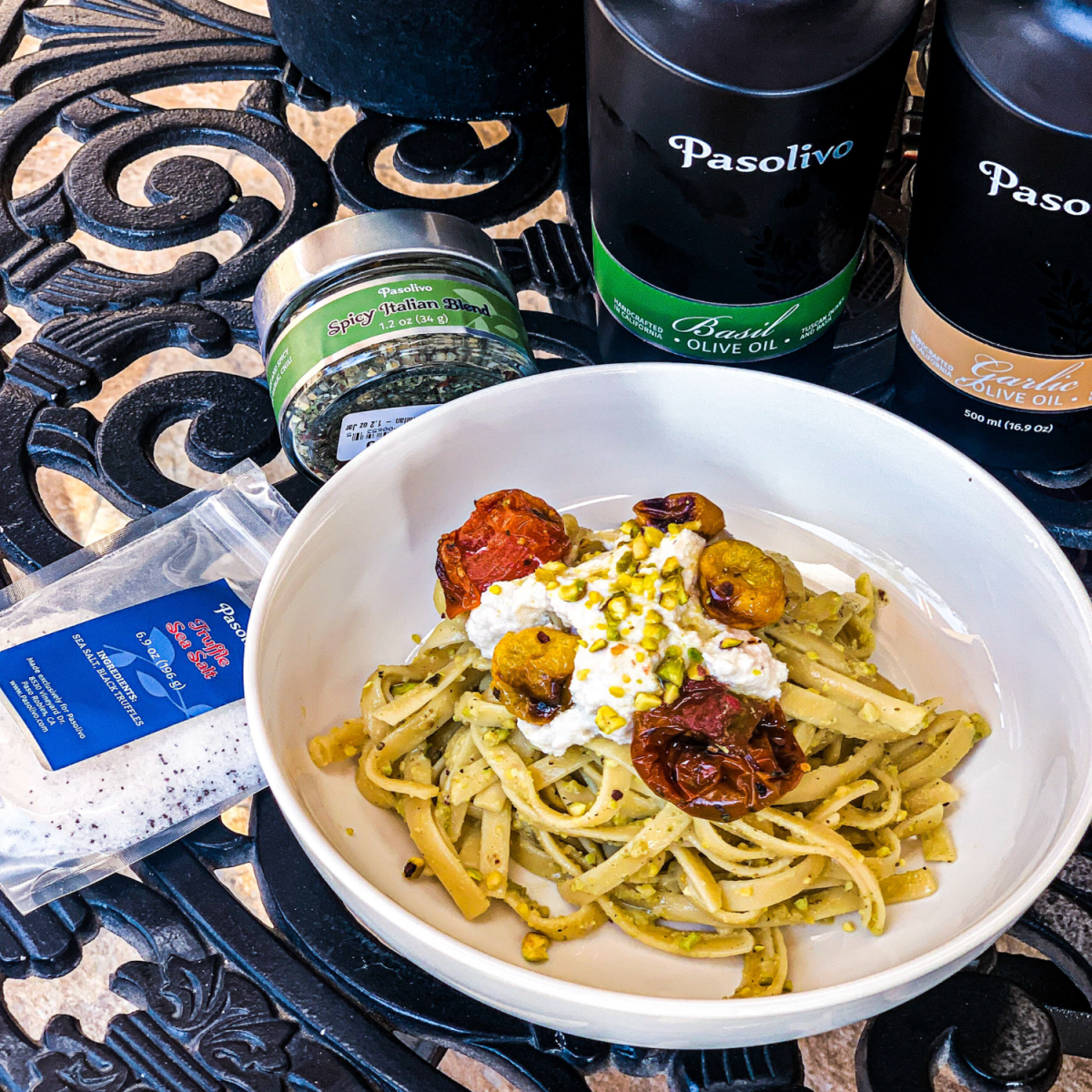 Pistachio Pasta with Roasted Tomatoes and Truf e Ricotta